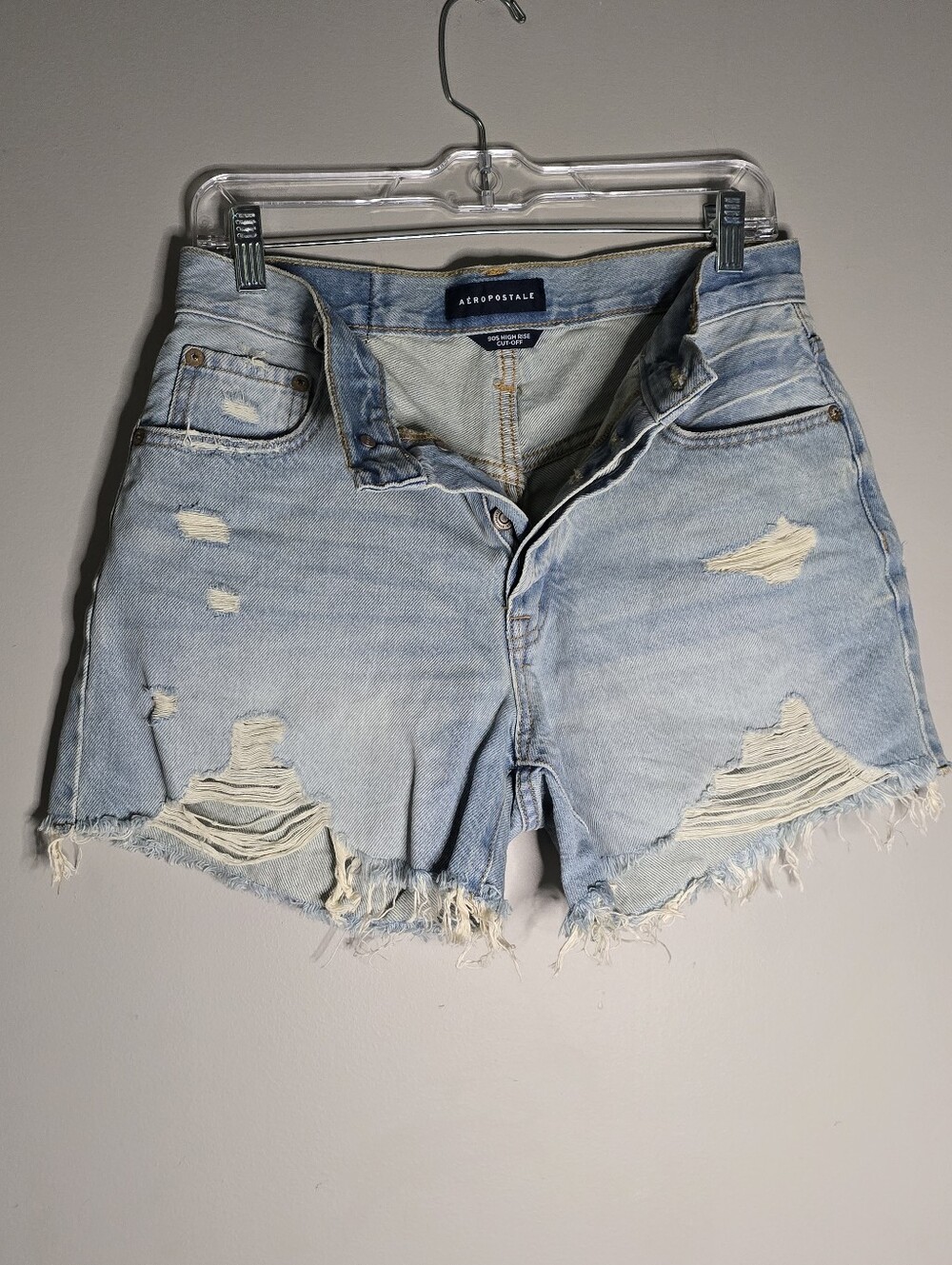 Aeropostale Light Blue Distressed Frayed Denim Shorts, Buttonfly 90s High Rise